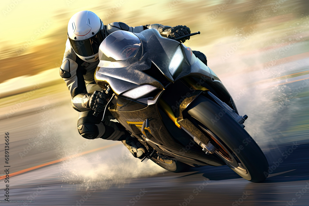 Person riding a motorcycle on a motor racing track. Racing motor bike cornering. Superbike motorcycle on the race track, dynamic concept art illustration, high speed.