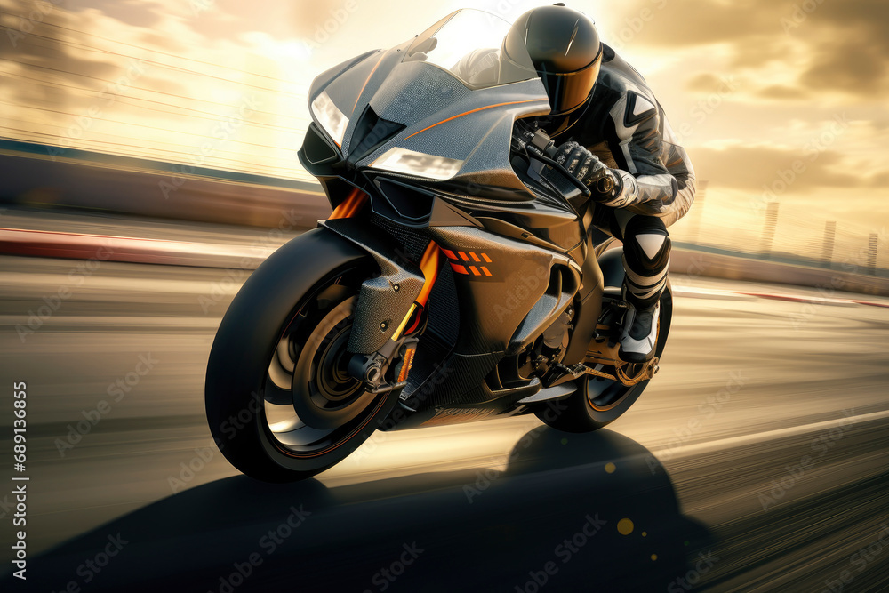 Superbike motorcycle on the race track, dynamic concept art illustration, high speed. Person riding a motorcycle on a motor racing track. Racing motor bike cornering