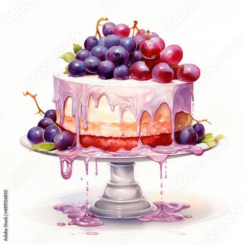 Watercolor grape dessert. Fruit cake on white background