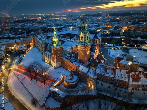 Zamek Królewski na Wawelu zimą widziany z drona o poranku