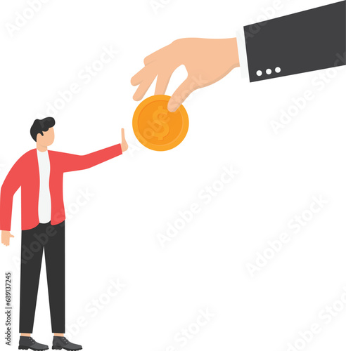 Refusal of illegal money, Stop corruption. Vector illustration, flat design. Bribery concept. Offering a bribe. Refusing a gesture. Reject hand gestures.

