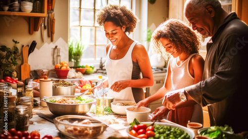 Multi-Generational African American Family Cooking Organic Meal Together in Sunlit Kitchen