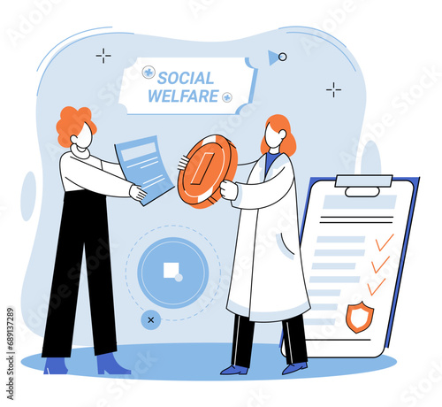 Social welfare. Vector illustration. Happiness can be fostered through altruistic acts and contributions to social welfare The social welfare concept emphasizes collective responsibility to support