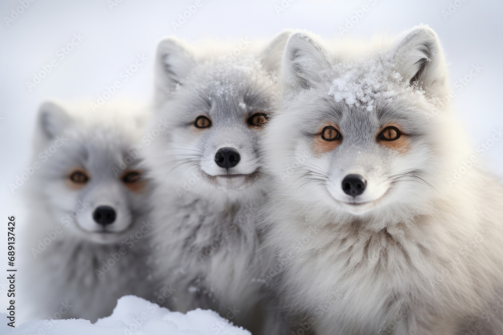 Cute Arctic foxes on the snow in the wild