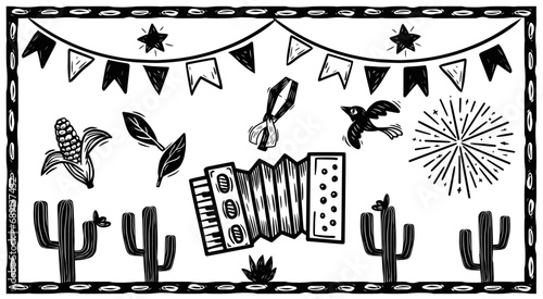 Set of icons for June festivals. Separate vectors in woodcut style