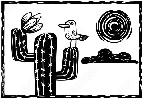Little bird in a cactus in the backlands. Separate vectors in woodcut style