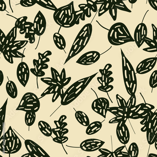 Contemporary leaves pattern design with abstract dashed shapes inside. Vector seamless pattern design for textile, fashion, paper, packaging and branding. 