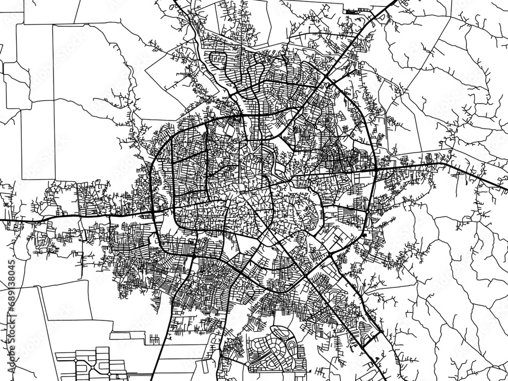 Vector road map of the city of Rasht in Iran with black roads on a white background.