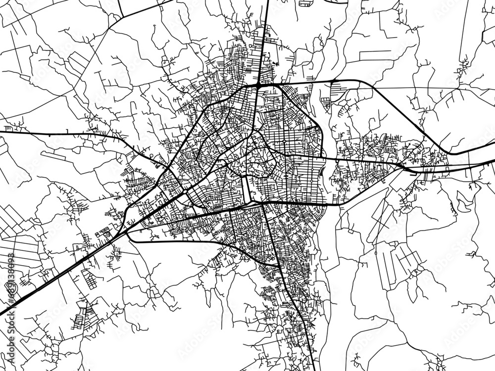 Vector road map of the city of Sari in Iran with black roads on a white background.
