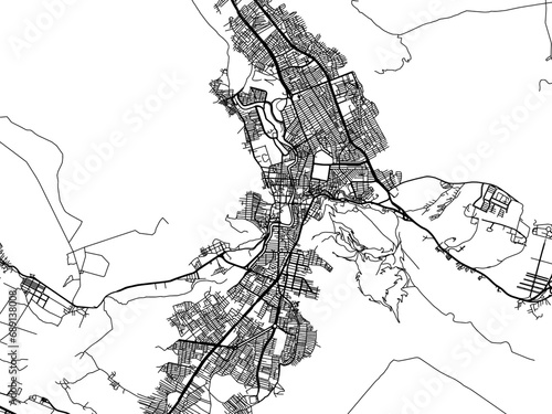 Vector road map of the city of Khorramabad in Iran with black roads on a white background.