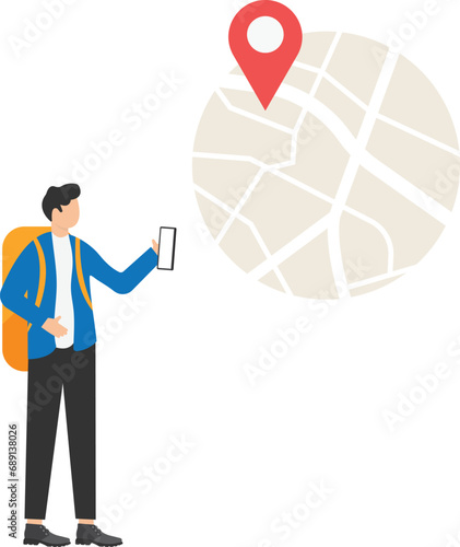 Young male traveling using a navigational app. Map and geo tag. Millennials and devices. Flat editable vector illustration

