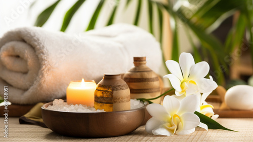 Feet massage  Thai Massage Spa Therapy with Herbal Towel Compress Ball  Coconut Oil  Perfume  Cosmetics  and Plumeria Flower on Massage Bed created with Generative Ai