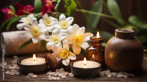Feet massage  Thai Massage Spa Therapy with Herbal Towel Compress Ball  Coconut Oil  Perfume  Cosmetics  and Plumeria Flower on Massage Bed created with Generative Ai