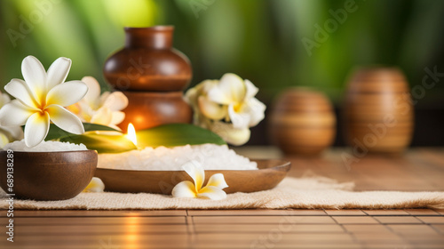 Feet massage  Thai Massage Spa Therapy with Herbal Towel Compress Ball  Coconut Oil  Perfume  Cosmetics  and Plumeria Flower on Massage Bed created with Generative Ai