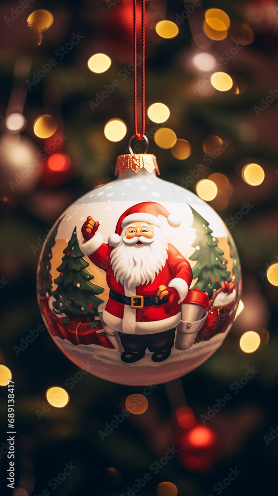 Fototapeta premium Glass christmas ball with santa claus hanging on christmas tree. Cute and dreamy.