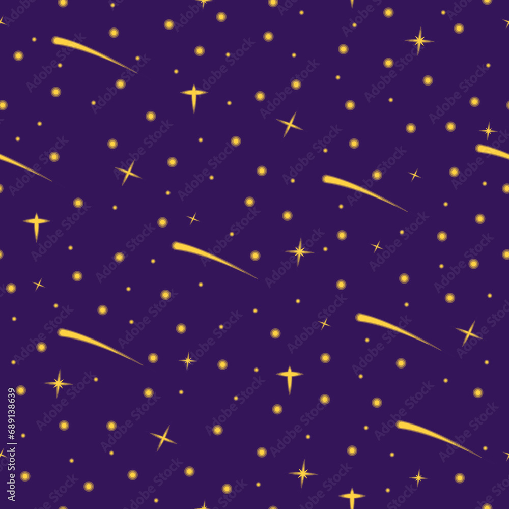 Magical night sky with shooting stars pattern. Vector seamless pattern design for textile, fashion, paper and wrapping. Magical night sky with shooting stars pattern. Vector seamless pattern design for textile, fashion, paper and wrapping.