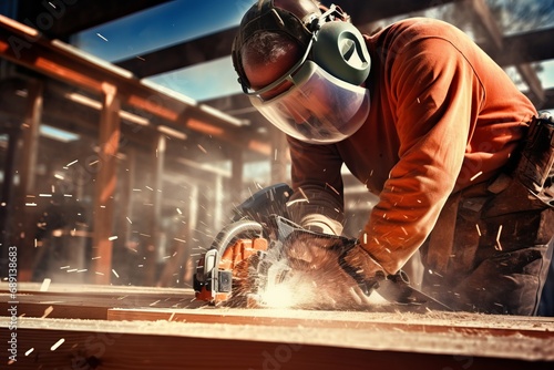 A carpenter utilizing power tools at a construction site