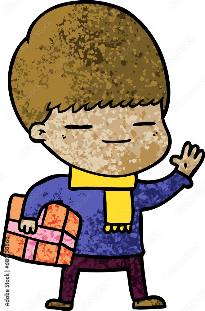 cartoon smug boy carrying present cartoon smug boy carrying present