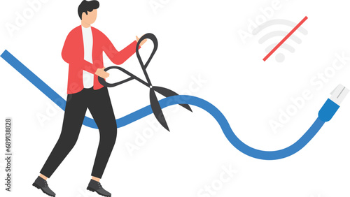 Man with scissors cuts off internet connection. unsubscribe from the internet concept. vector illustration.

