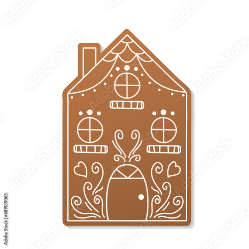 Gingerbread house. Vector hand drawn gingerbread house in a simple flat style. Christmas cookies. Brown and white colors.	