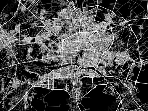 Vector road map of the city of Isfahan in Iran with white roads on a black background.
