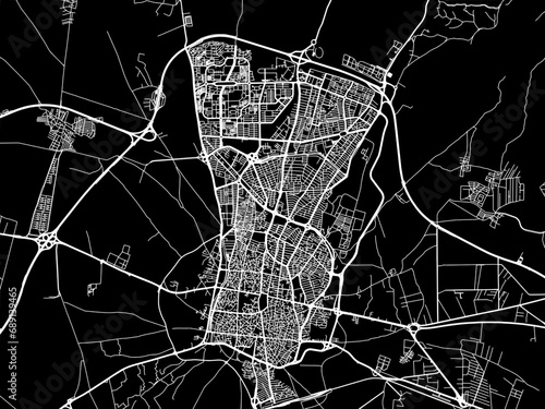 Vector road map of the city of Qazvin in Iran with white roads on a black background.