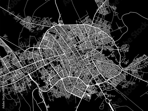 Vector road map of the city of Kerman in Iran with white roads on a black background.