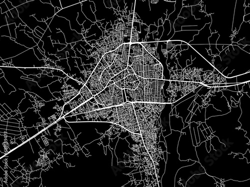 Vector road map of the city of Sari in Iran with white roads on a black background.