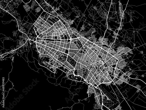 Vector road map of the city of Mashhad in Iran with white roads on a black background.