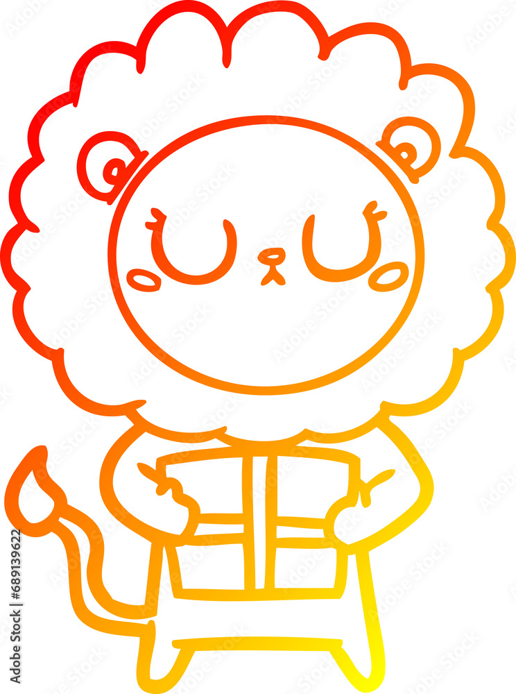 warm gradient line drawing of a cartoon lion with christmas present warm gradient line drawing of a cartoon lion with christmas present