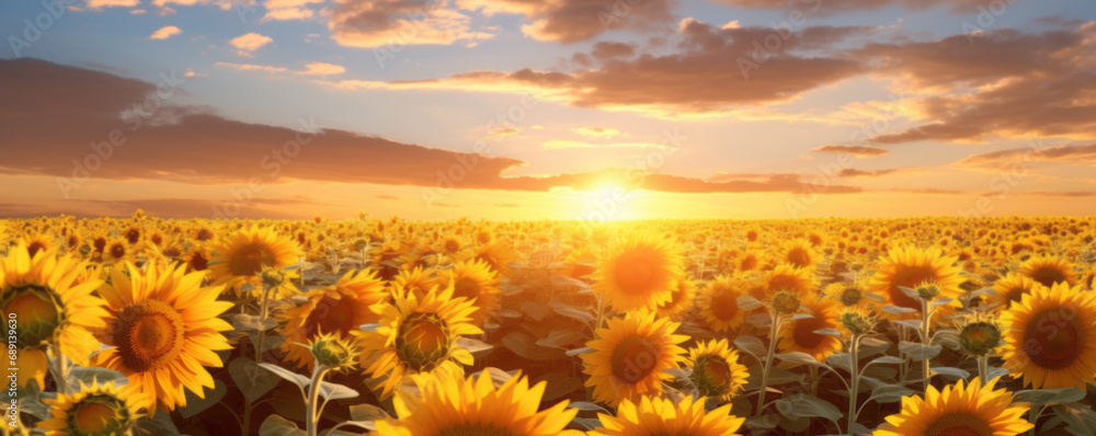 Sunflower field banner. Beautiful panoramic view of a field of sunflowers in the light of the setting sun.