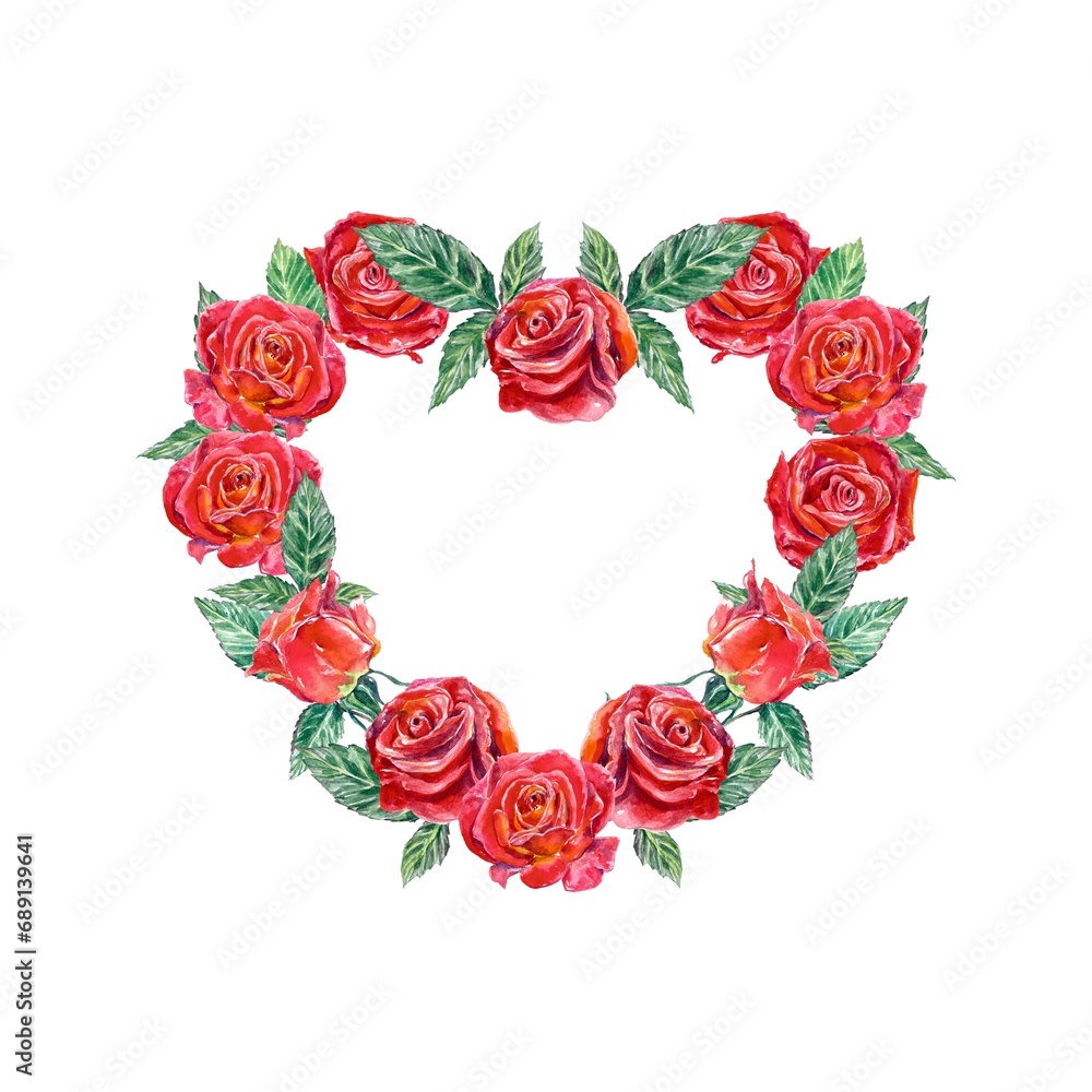 Heart-shaped frame made of red roses. Watercolor illustration isolated on white background. Greeting cards, wedding invitations, Valentines day.