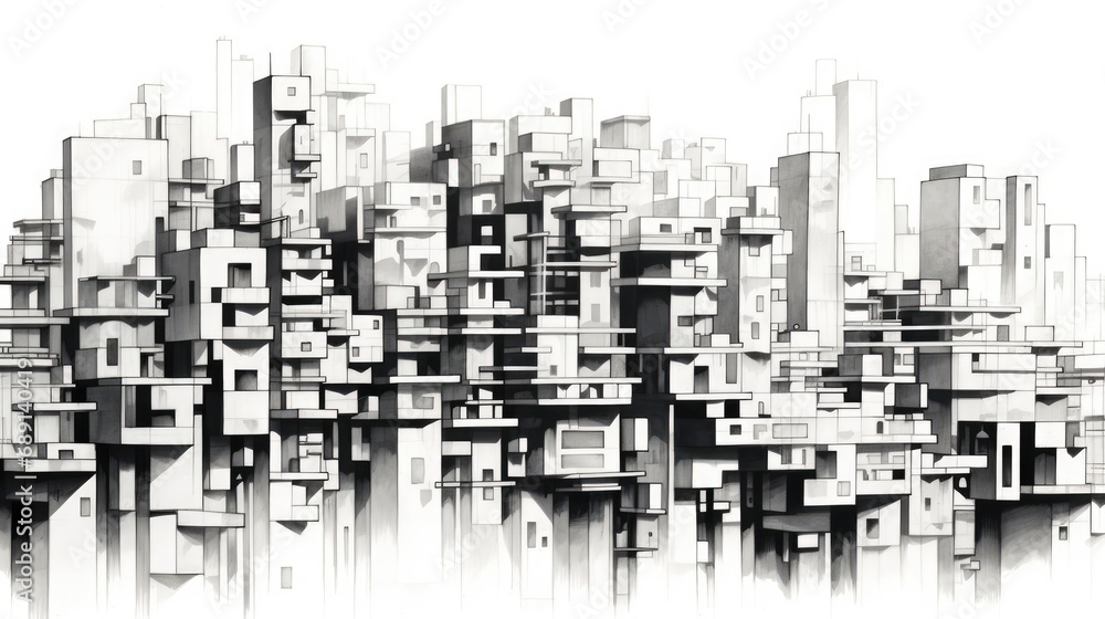 Graphic black and white cityscape, sketching.