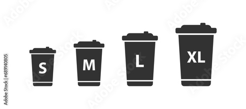 Paper coffee cup size icon. Small, medium and large take away drink set sign. Hot tea beverage. Vector illustration.