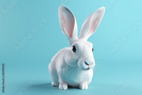 White rabbit on a blue background with copy space. Easter concept.