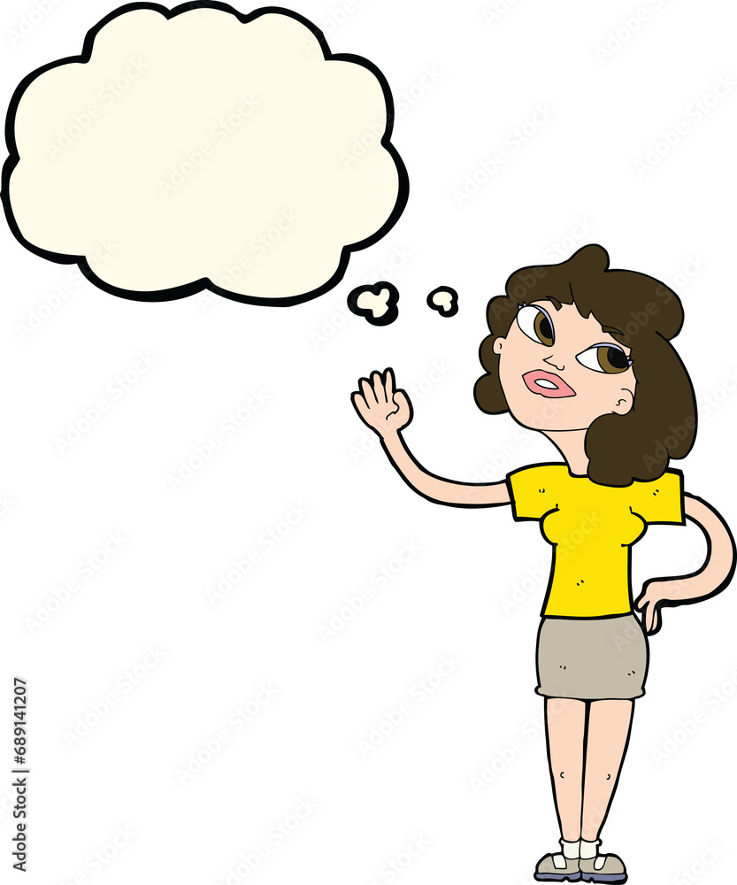 cartoon woman waving with thought bubble cartoon woman waving with thought bubble