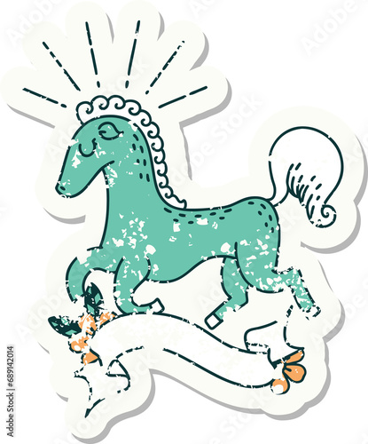 worn old sticker of a tattoo style prancing stallion