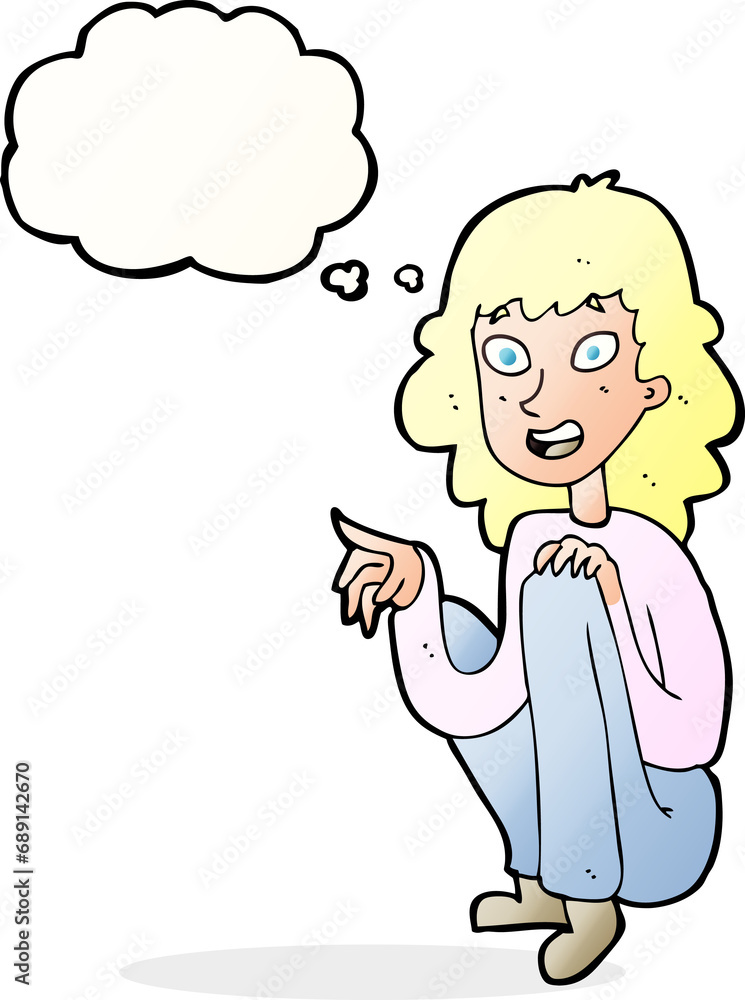cartoon happy woman sitting and pointing with thought bubble cartoon happy woman sitting and pointing with thought bubble