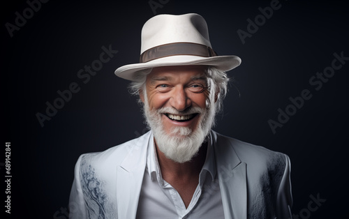 Studio portrait of cheerful handsome senior man in hat with white hair and beard. Positive and inspiring emotions. AI generated.