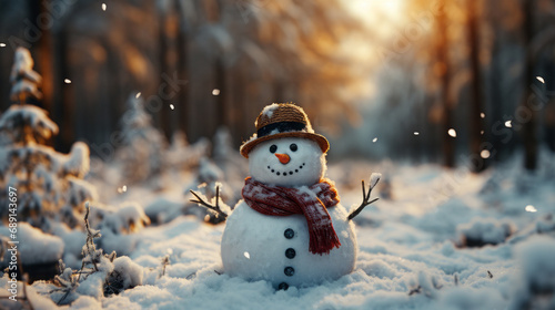Snowman standing outside on a winters day. Christmas season concept