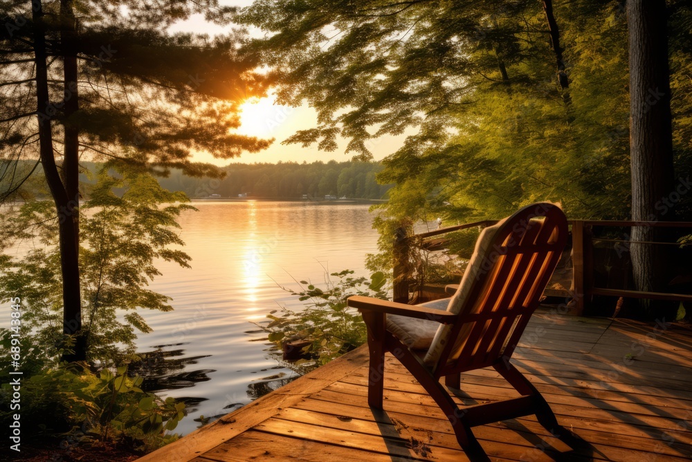 Chair near lake, beautiful lakeside landscape