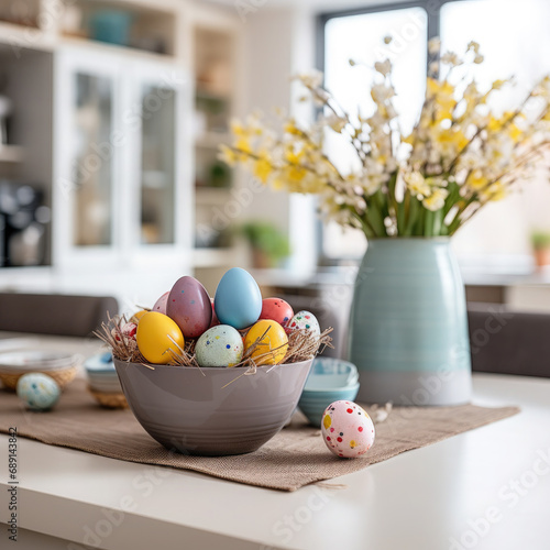 basket with multi-colored Easter eggs on the table in a stylish kitchen, minimalism, Scandinavian interior, postcard, spring, design, religious holiday, traditional dish, treat, decor, flowers