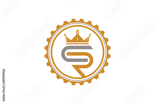 Cog gear logo shape with CR initial lettering icon symbol and luxury royal crown. photo