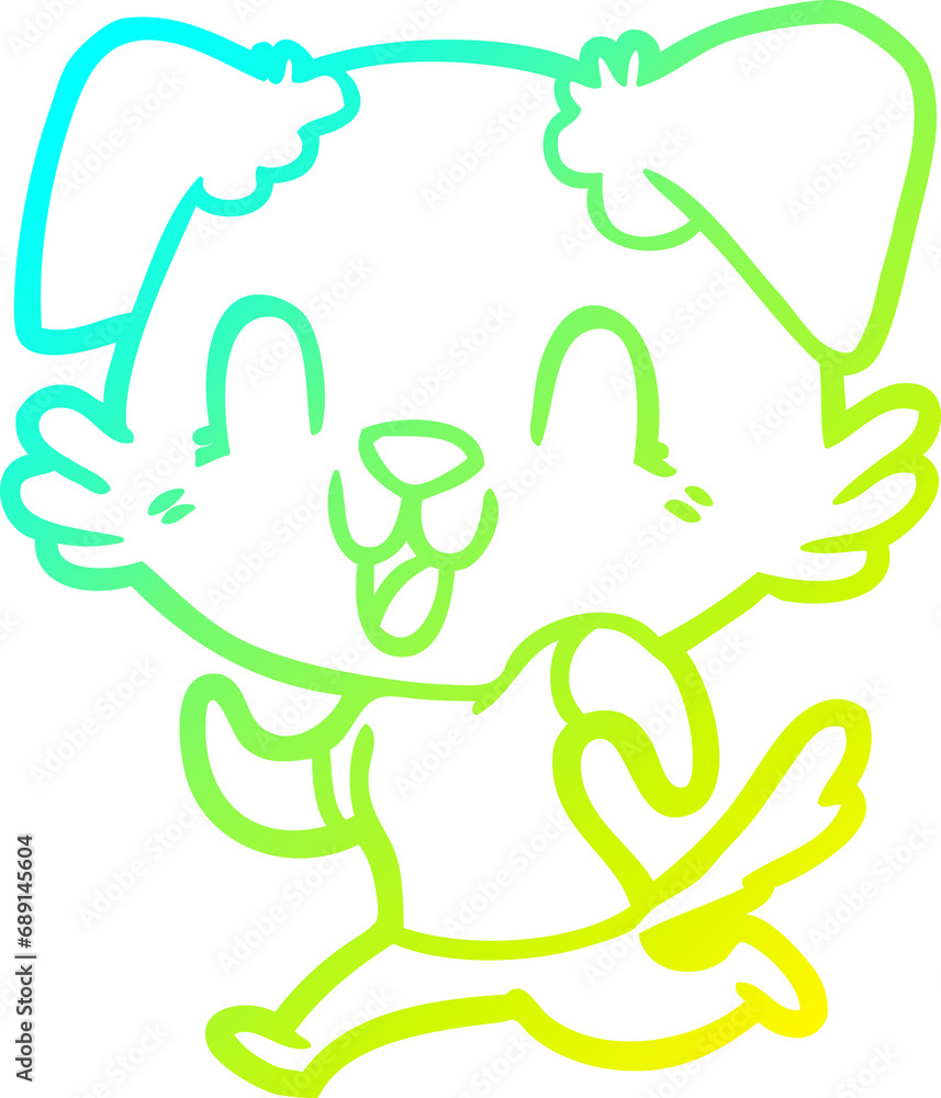 cold gradient line drawing of a laughing cartoon dog jogging