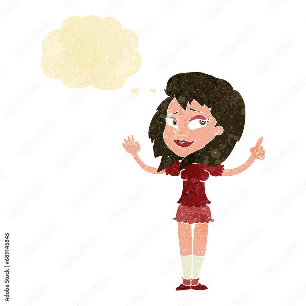 cartoon woman with idea with thought bubble cartoon woman with idea with thought bubble