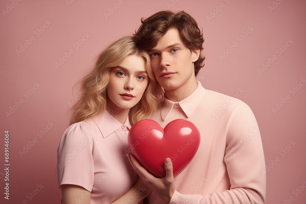 portrait on a pink background of a hugging young couple holding a heart in their hands portrait on a pink background of a hugging young couple holding a heart in their hands