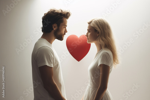 young couple looking at each other, red heart in the background