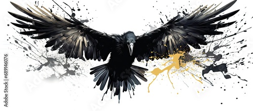 Black raven silhouette with paint splatters isolated on white background Copy space image Place for adding text or design