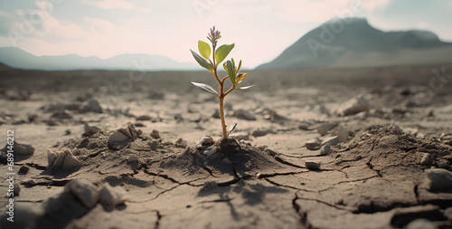 Plant growing in dried cracked mud, the concept of nature taking over, and climate change