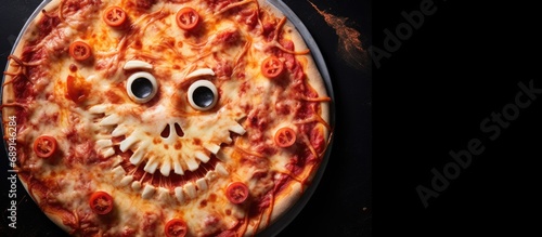 Healthy and enjoyable Halloween pizza treats for kids featuring spooky ghost toppings Copy space image Place for adding text or design